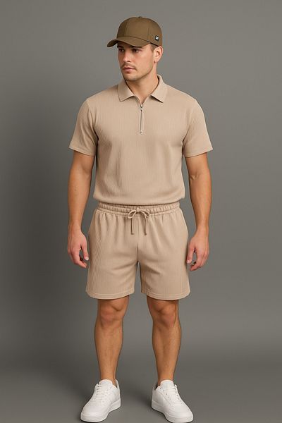 NewCabin Ribbed Ottoman Premium Fabric Half Zipper Unisex T-Shirt and Shorts Set of 2