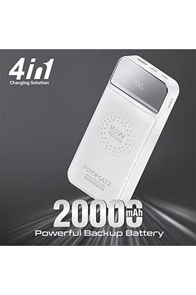 Promate Power Bank, Portable 20000mAh 15W Qi Wireless Charger with 20W USB-C Power Delivery Port