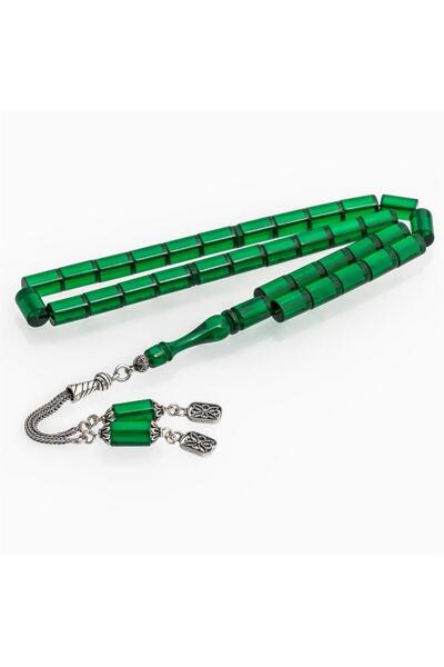 ALYANSEVİM 925 Sterling Silver Tasseled Cylinder Cut Green Amber Rosary
