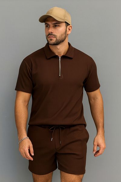 NewCabin Ribbed Ottoman Premium Fabric Half Zipper Unisex T-Shirt and Shorts Set of 2