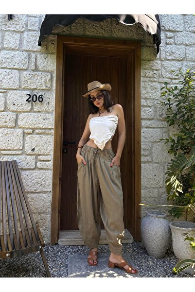 minaaise Khaki 100% Organic Fabric Loose Cut Design Trousers 29267