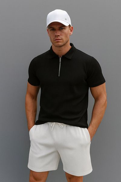 NewCabin Ribbed Ottoman Premium Fabric Half Zipper Unisex T-Shirt and Shorts Set of 2