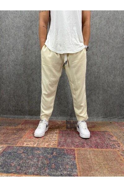 FıttingRoom Viscon Linen Cream Trousers with Elastic Waist