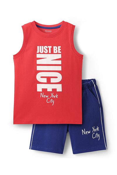 Honeyhap Shorts Night Suit With Bio Finish & Text Print - High Risk Red & Navy