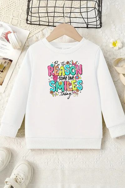 VBSVİBES Unisex White Kids Crew Neck Sweatshirt –Reason Smiles, Printed Thick Fabric