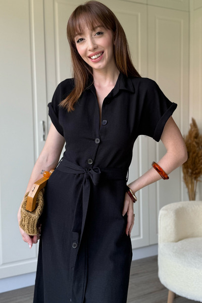 Dilay Gökoğlu Butik Keten Gömlek Siyah Elbise