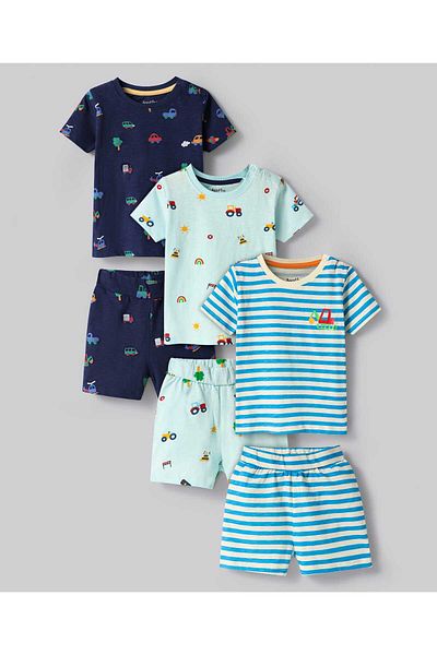Bonfino Shorts Co-ord Night Suit with Stripes & Vehicle Print (Pack of 3) - Blue White & Navy Blue