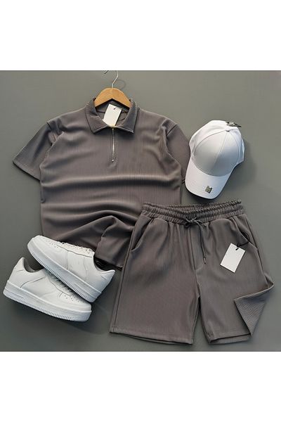 NewCabin Ribbed Ottoman Premium Fabric Half Zipper Unisex T-Shirt and Shorts Set of 2