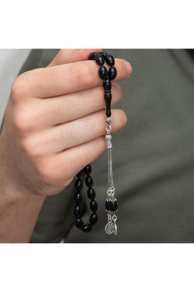 ALYANSEVİM Black Amber Prayer Beads with 925 Sterling Silver Tassels