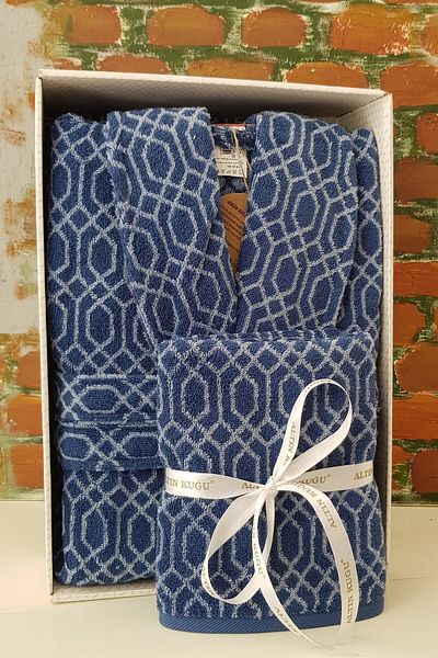 Özdilek Diamond Shawl Collar Bathrobe + Head Towel Set - Size L - Navy Blue