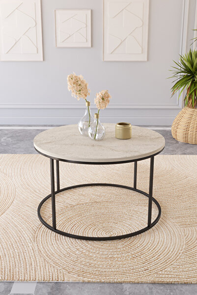 Huga Metal Royal Orta Sehpa, Traverten Desenli, Krem Mermer Desenli Sehpa