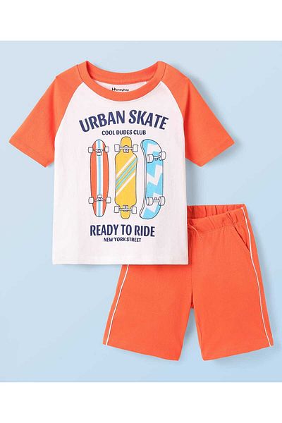 Honeyhap Premium 100% Cotton Knit Half Raglan Sleeves Shorts - Bright White & Firecracker