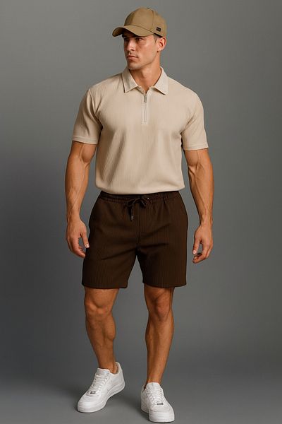 NewCabin Ribbed Ottoman Premium Fabric Half Zipper Unisex T-Shirt and Shorts Set of 2