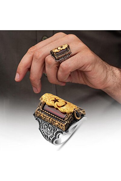 ALYANSEVİM Ayyıldız Desenli Kırmızı Taşlı 925 Gümüş Yüzük Erkek