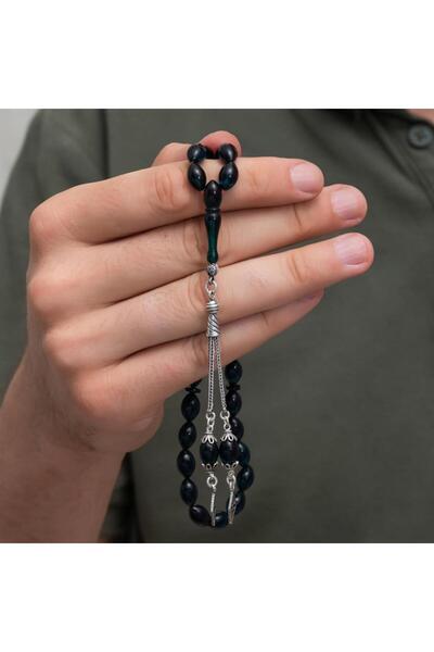 ALYANSEVİM Blue Amber Prayer Beads with 925 Sterling Silver Tassels