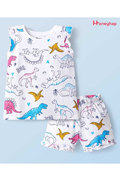 Honeyhap طقم تي شيرت وشورت بطبعة ديناصور ولمسة نهائية بيولوجية - أبيض ساطع