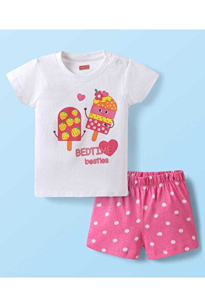 Babyhug شورت نوم بأكمام نصفية من القطن المحبوك مع طبعة مصاصة - أبيض ووردي