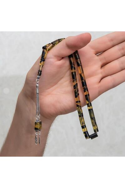 ALYANSEVİM 925 Sterling Silver Tasseled Cylinder Cut Yellow Black Amber Rosary