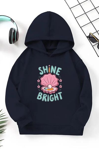CLAYES Hanorac unisex cu glugă pentru copii bleumarin – țesătură groasă cu șapcă imprimată Shine Bright