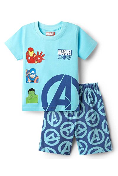 Babyhug Marvel بدلة نوم قصيرة من الجيرسي برسومات أفنجر - أزرق فاتح