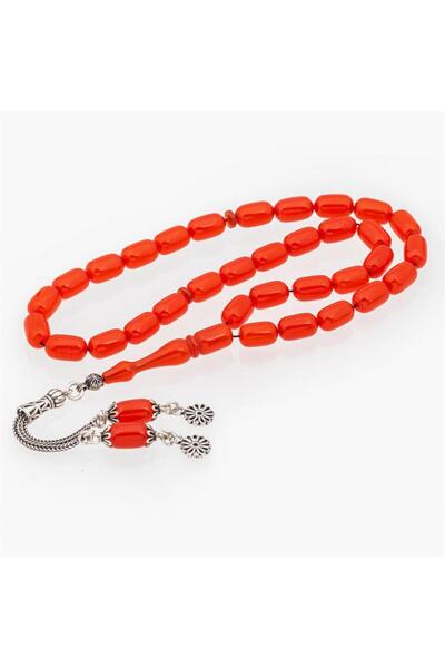 ALYANSEVİM 925 Sterling Silver Tasseled Orange Color Capsule Cut Amber Prayer Beads