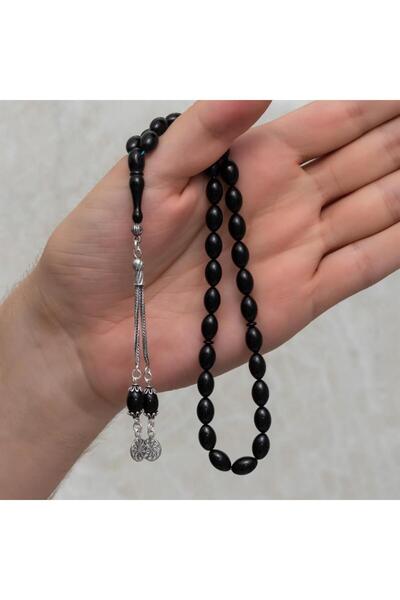 ALYANSEVİM Black Amber Prayer Beads with 925 Sterling Silver Tassels