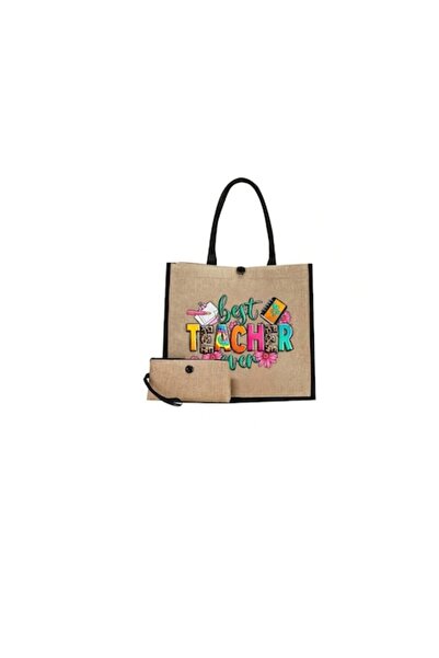 The Casius. Geanta tote din material de in cu portofel, model Best Teacher, 3...