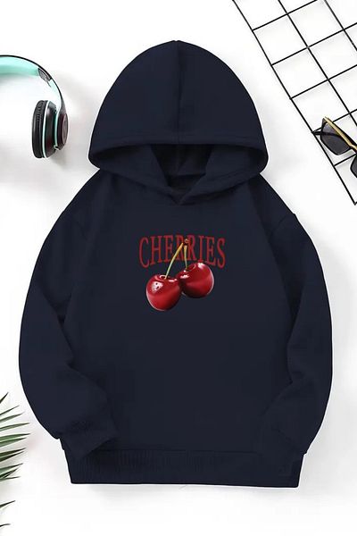 CLAYES Unisex Navy Blue Παιδικό φούτερ με κουκούλα – Κεράσια, χοντρό ύφασμα με στάμπα