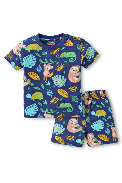 Babyhug T-Shirt and Shorts Set with Animal Print - Navy Blue