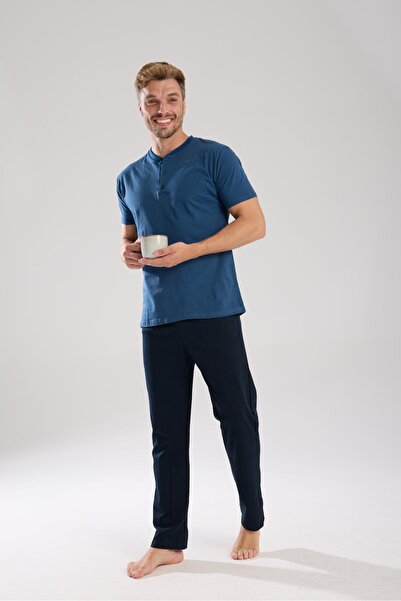 Akbeniz Ανδρικό σετ πιτζάμες με κοντό μανίκι με κουμπιά Indigo