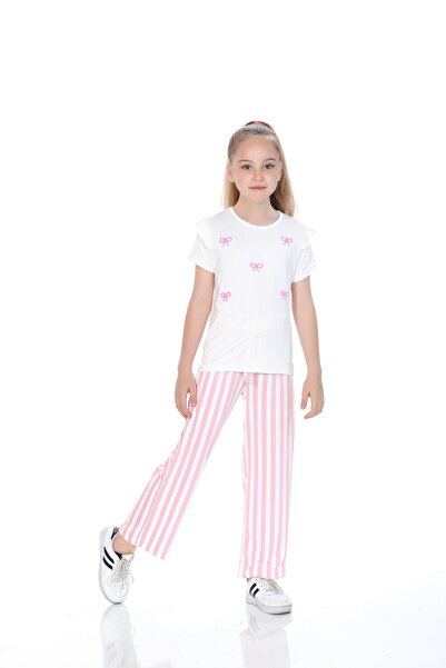 Kamex Girls' Suit with Bow Embroidered T-Shirt and Striped Milan Fabric Pants
