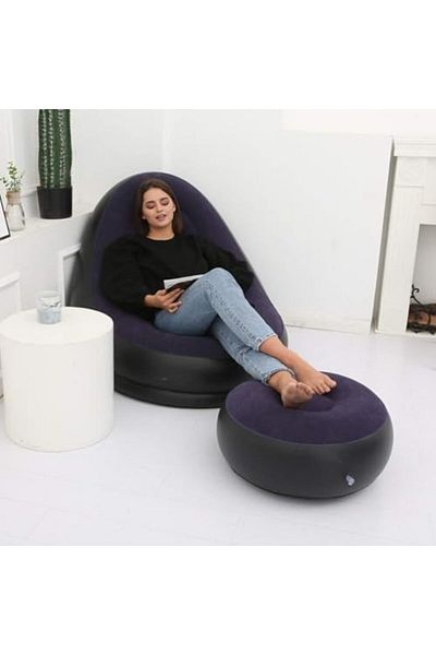 SUKILO Inflatable Lazy Sofa with Foot Stool – Portable Flocking Lounge Chair, Comfortable & Easy t