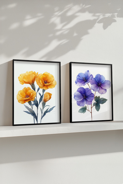 STARYUNA Σετ 2 πίνακες με κίτρινα και μωβ λουλούδια σε μαύρο ξύλινο πλαίσιο Y...