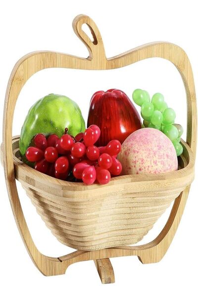 SUKILO Collapsible Bamboo Fruit Basket – Apple Shape Wooden Tray & Snack Box