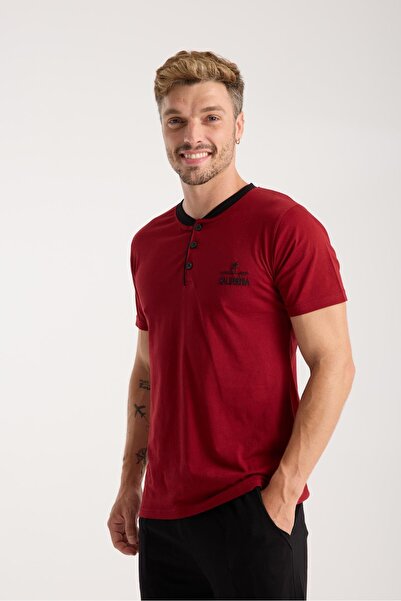 Akbeniz Ανδρικό Σετ Πιτζάμες με κοντό μανίκι με μπορντό κουμπιά