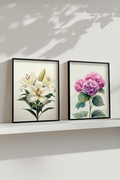 STARYUNA Set de 2 tablouri cu cadru din lemn negru cu crin și flori roz Yuna214