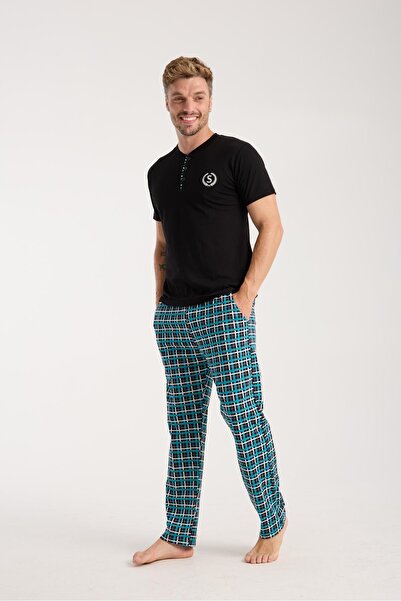 Akbeniz Ανδρικό Σετ Πυτζάμες με Κουμπιά Μαύρο κοντομάνικο
