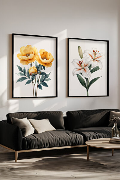 STARYUNA Set de 2 tablouri cu flori galbene cu crin negru în cadru din lemn Y...