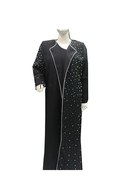 Noor Black crystal abaya with embroidered collar and sleeves