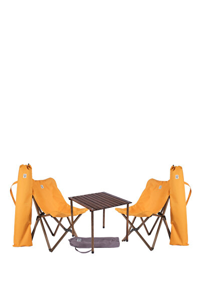Bag The Joy Antrasit Hardal Ahşap Katlanır Kamp Masa ve Sandalye Seti 70x70x5...