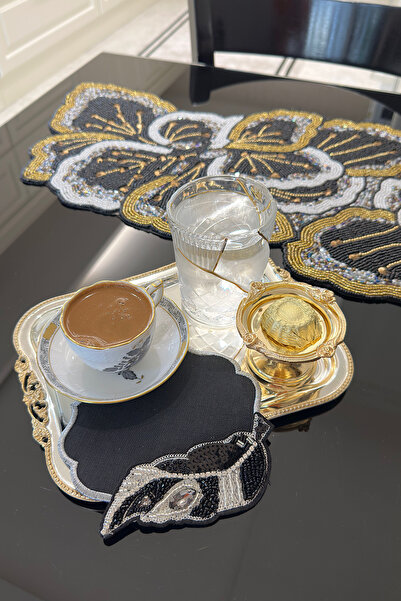 bibashka Siyah gümüş yaprak tasarımı işlemeli 2li kokteyl peçete