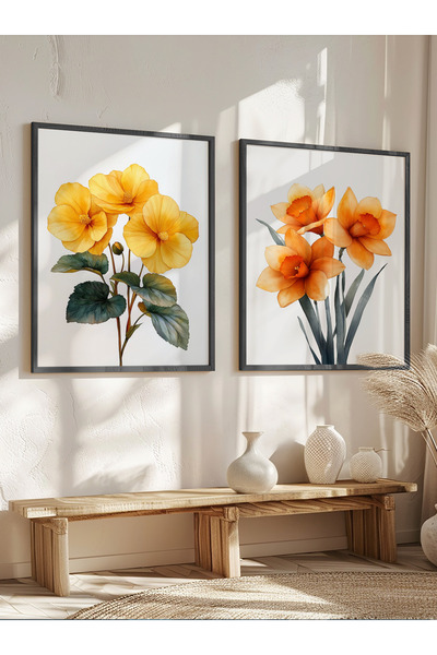 STARYUNA Tablou cu flori galben portocaliu, set de 2 tablouri cu rama din lem...