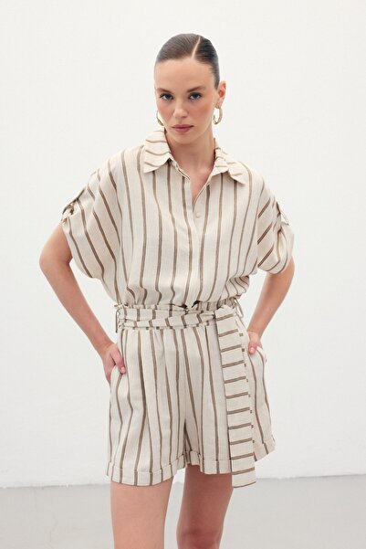 Sateen Kısa Kollu Keten Karışımlı Gömlek - Camel