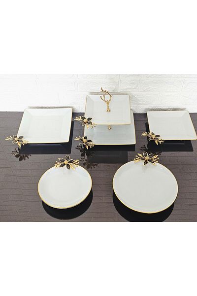atabey home Porcelain 5 Piece Presentation Plate & Cookie Plate & Footed Presentation Plate Set Papatya Black Cast