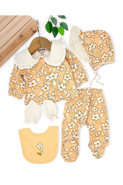 Ege Bebek Baby Girl Newborn Daisy Printed, Ribbed, Collar Detailed 5 Piece Hospital Release L Bodysuit Set