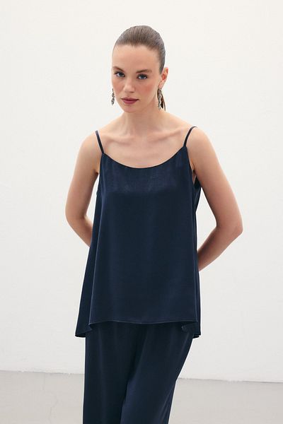 Sateen Satin Blouse with Straps - Navy Blue