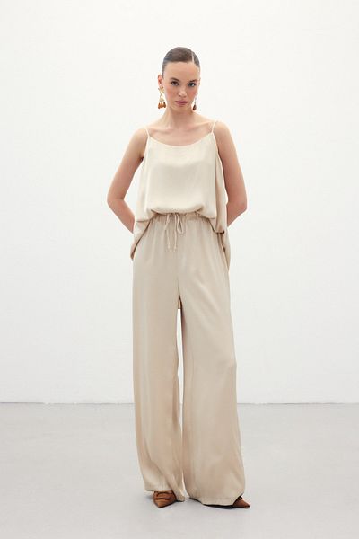 Sateen Lace-Up Casual Trousers - Beige