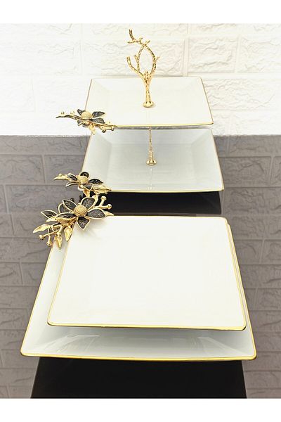 atabey home Porcelain 3 Piece Presentation Plate & Cookie Plate & Footed Presentation Plate Daisy Black Cast