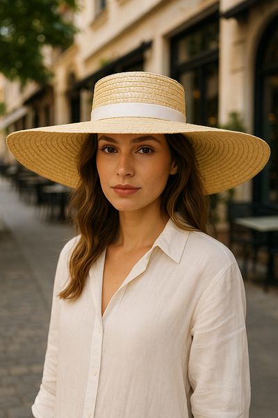 LAGRANZE Women's Beach Hat – Wide Brim Straw Hat with White Stripe Detail