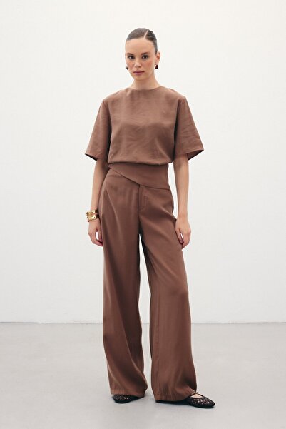 Sateen Kemer Detaylı Modal Pantolon - Kahve